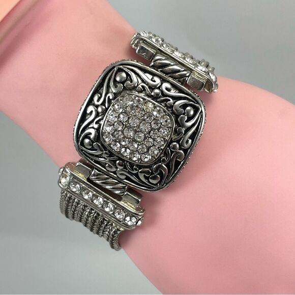 Wide Silver Tone Multi Strand Chain Square Rhinestone Center Bracelet Magnetic